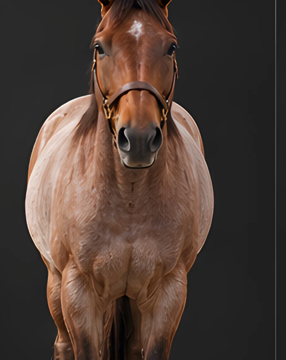 Conformation view, the red roan squared up from the front.