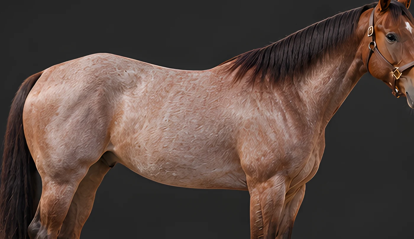 Conformation view, the red roan from the right side.
