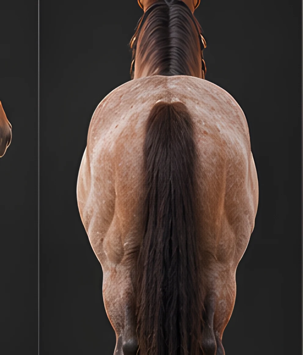 Conformation view, the red roan from behind.