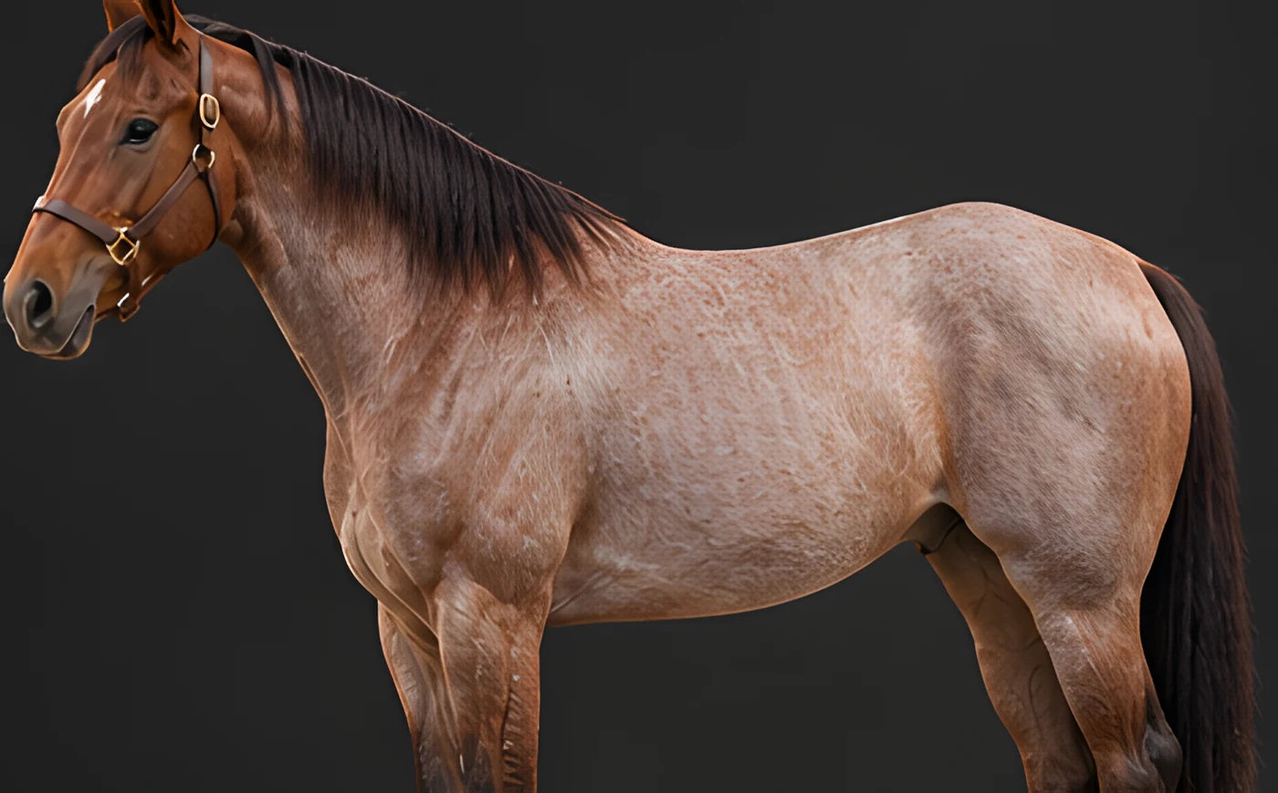 Conformation view, the red roan from the left side.
