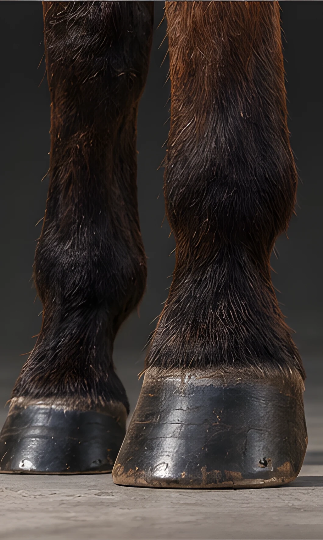 Conformation view, the red roan front legs and feet.